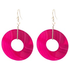 Agate Round Fuchsia Donut Shaped Pearls 925 Silver Dangle Chic Long Earrings