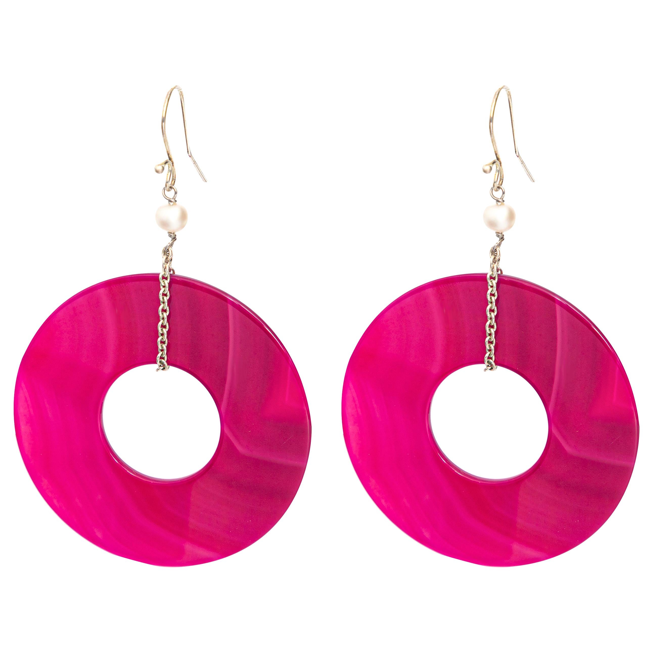 Agate Round Fuchsia Donut Shaped Pearls 925 Silver Dangle Chic Long Earrings
