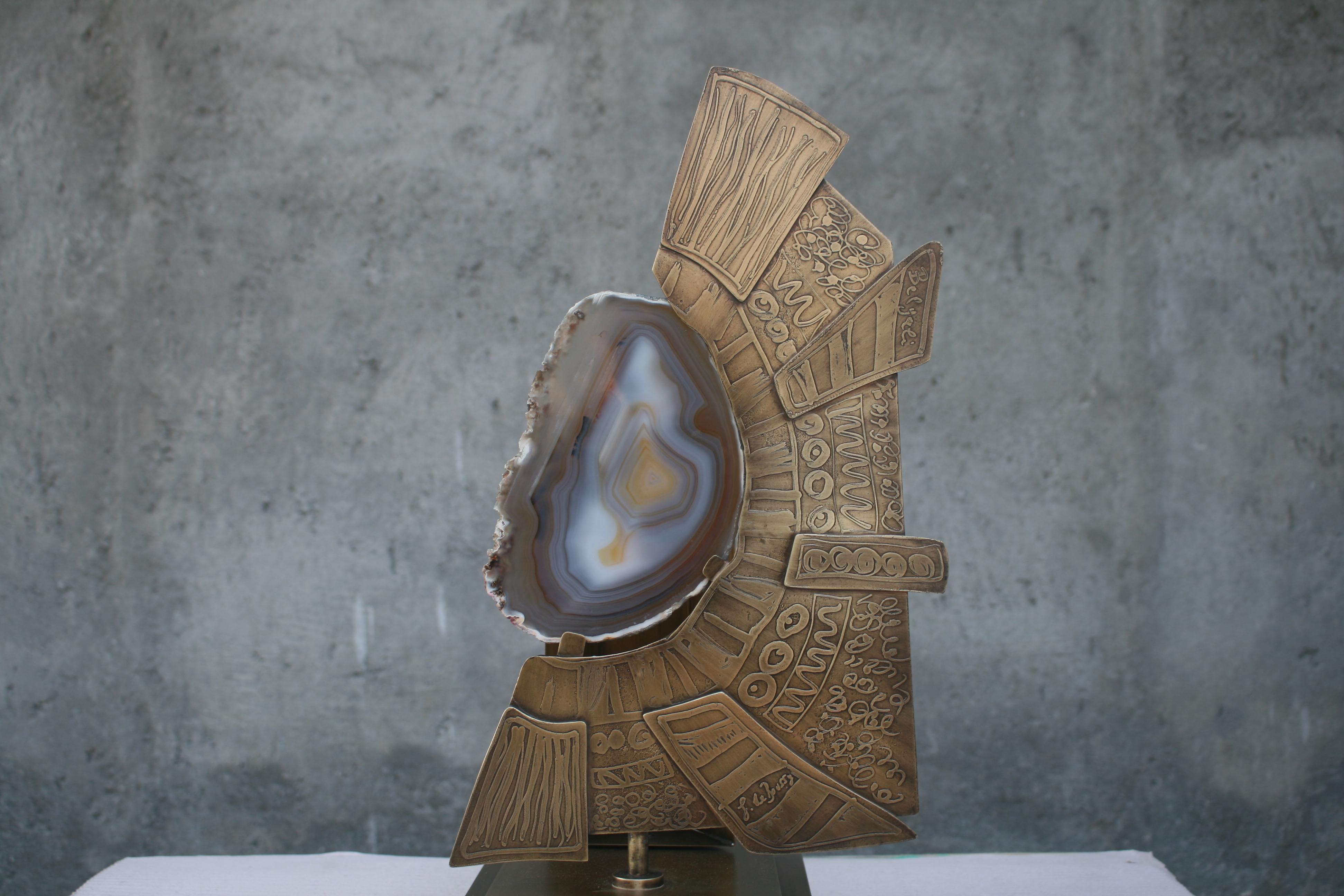 Modern Agate Stone Slice with Brass on Decorative Stand For Sale