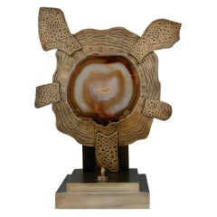 Agate Stone Slice with Brass on Decorative Stand