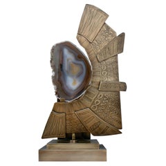 Agate Stone Slice with Brass on Decorative Stand