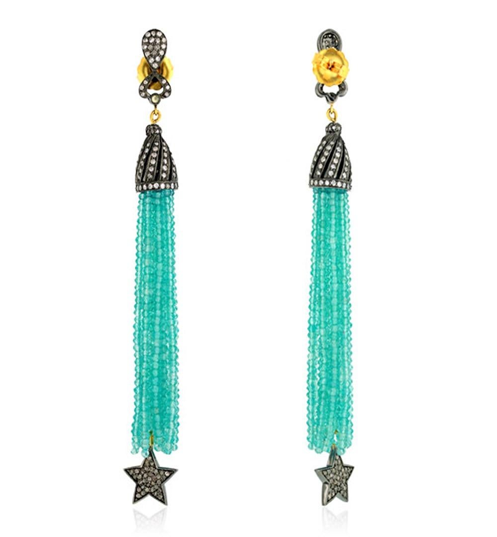 Contemporary Agate Tassel Earrings With Daimonds Made In 18k Yellow Gold & Silver For Sale