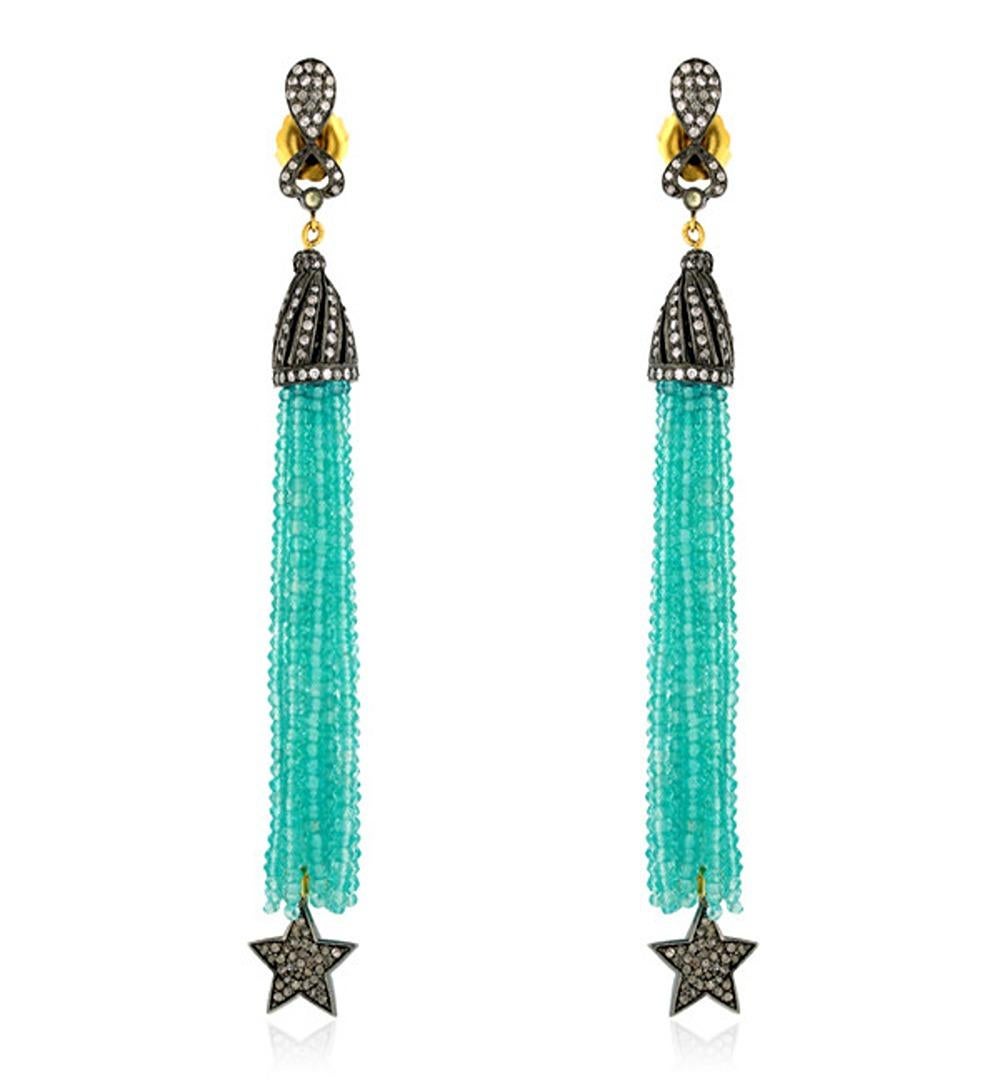Mixed Cut Agate Tassel Earrings With Daimonds Made In 18k Yellow Gold & Silver For Sale