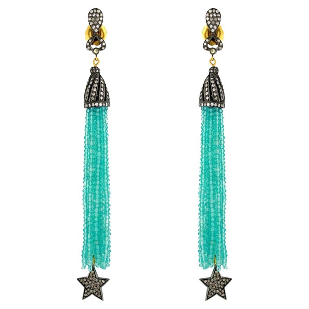 Agate Tassel Earrings With Daimonds Made In 18k Yellow Gold & Silver For Sale
