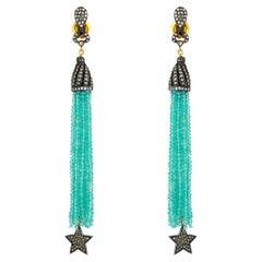 Agate Tassel Earrings With Daimonds Made In 18k Yellow Gold & Silver