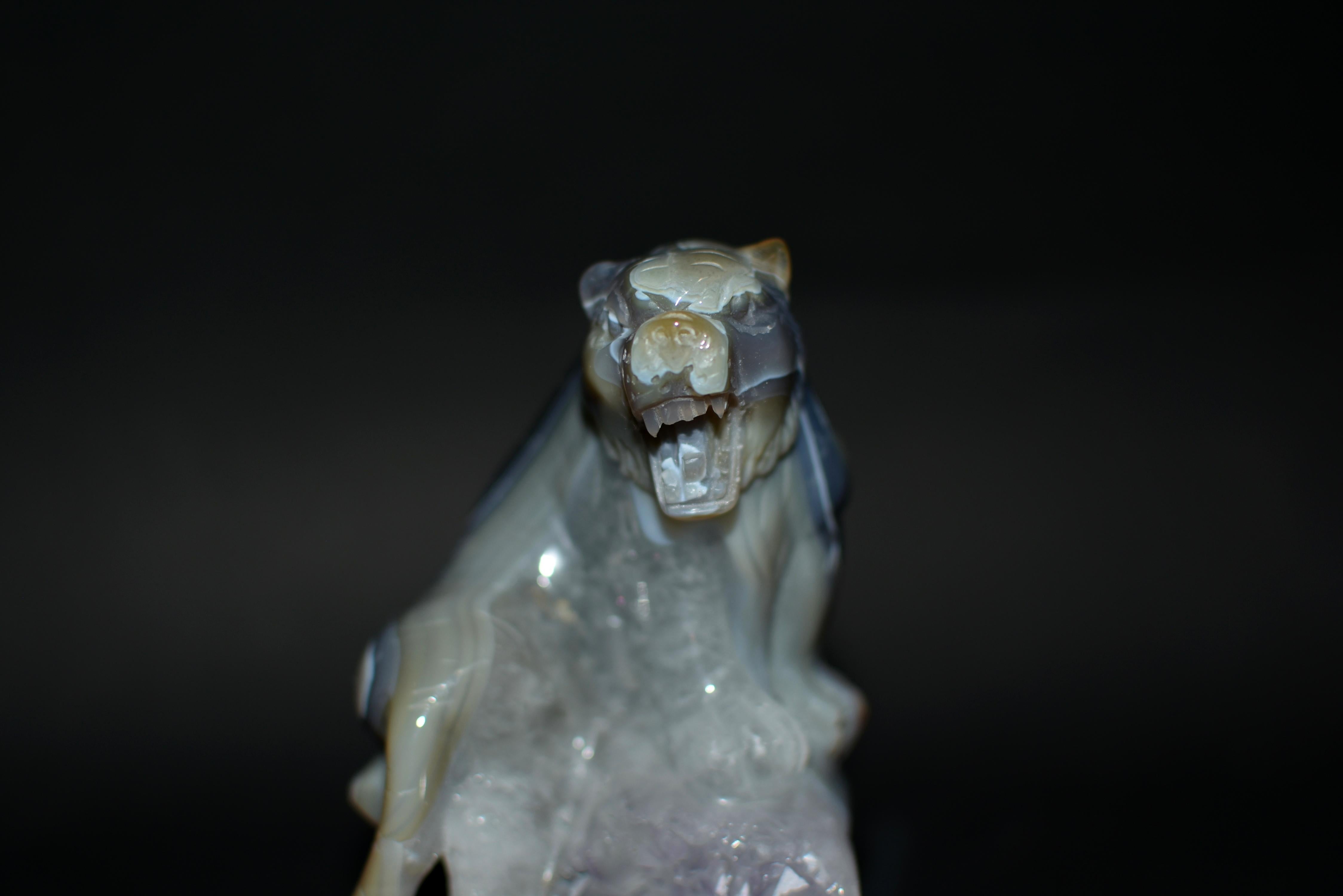 Chinese Agate Tiger on Amethyst Rock For Sale