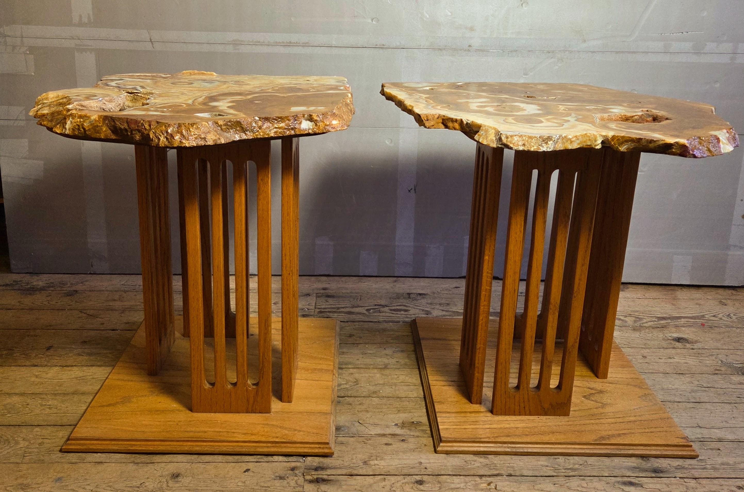 This rare pair of custom-designed pedestal tables was created at a California studio in the mid-20th century for a modernist architect–designed mountain retreat in the High Sierra Nevadas. Though the original studio and architect remain