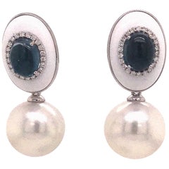 Agate Topaz Diamond South Sea Pearl Drop Earrings 3.71 Carat 18 Karat White Gold