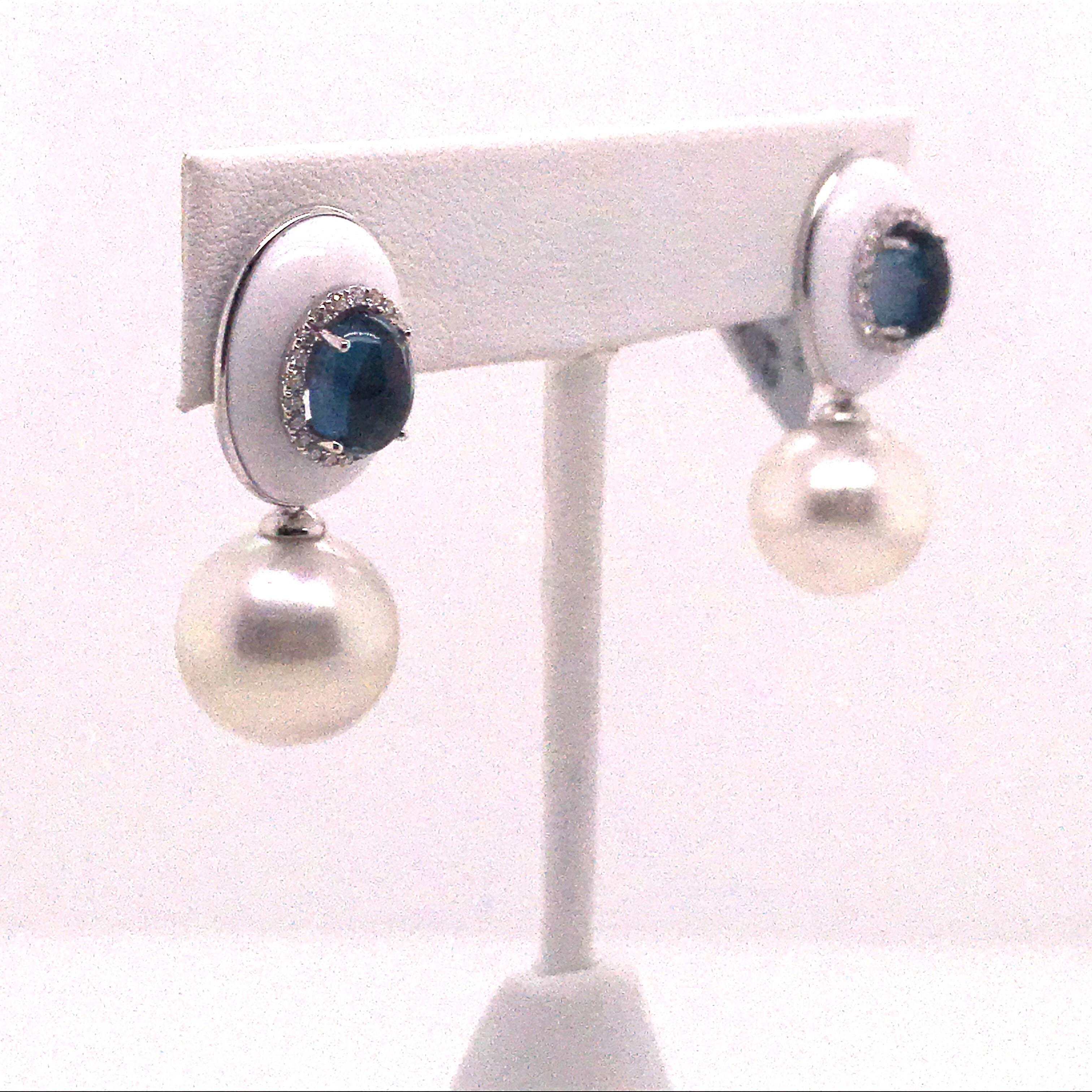 Oval Cut Agate Topaz Diamond South Sea Pearl Drop Earrings 3.71 Carat 18 Karat White Gold For Sale