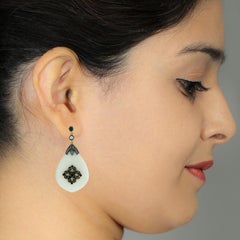 Agate White & Blue Sapphire Dangle Earrings with Diamonds in 18k Yellow Gold