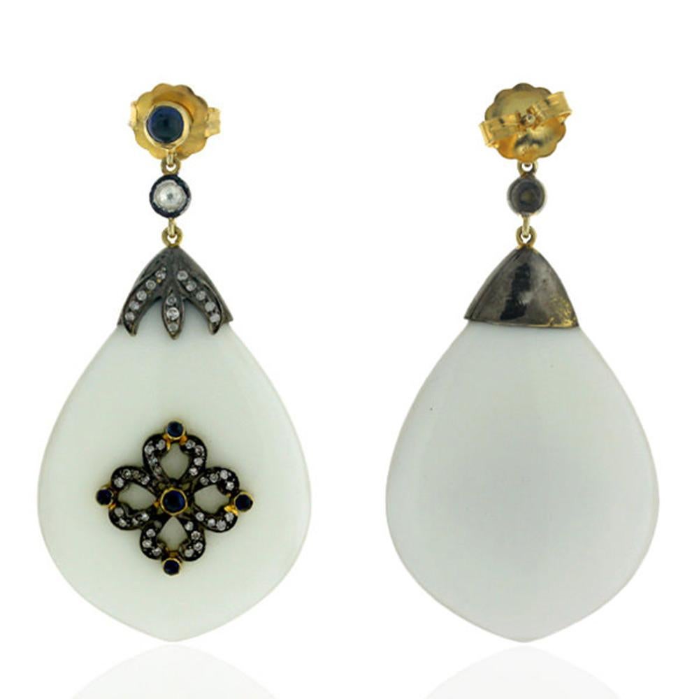 Artisan Agate White & Blue Sapphire Dangle Earrings with Diamonds in 18k Yellow Gold For Sale