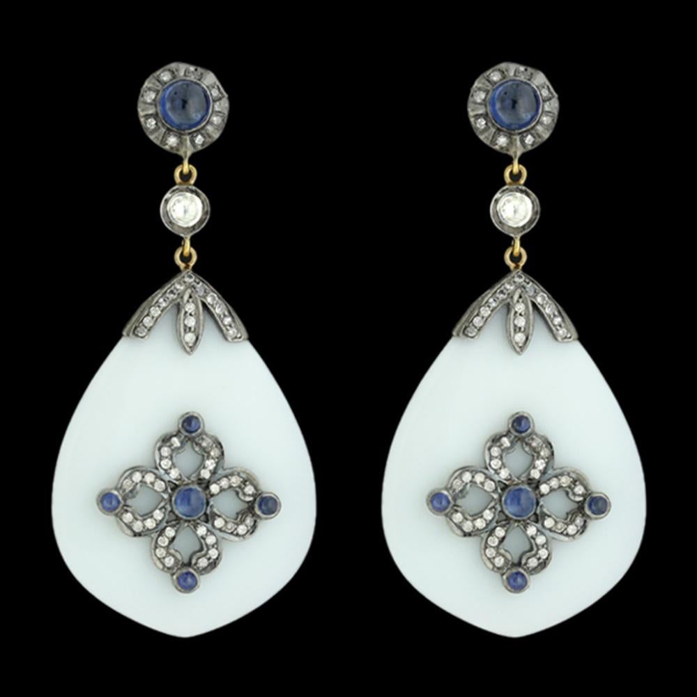 Mixed Cut Agate White & Blue Sapphire Dangle Earrings with Diamonds in 18k Yellow Gold For Sale