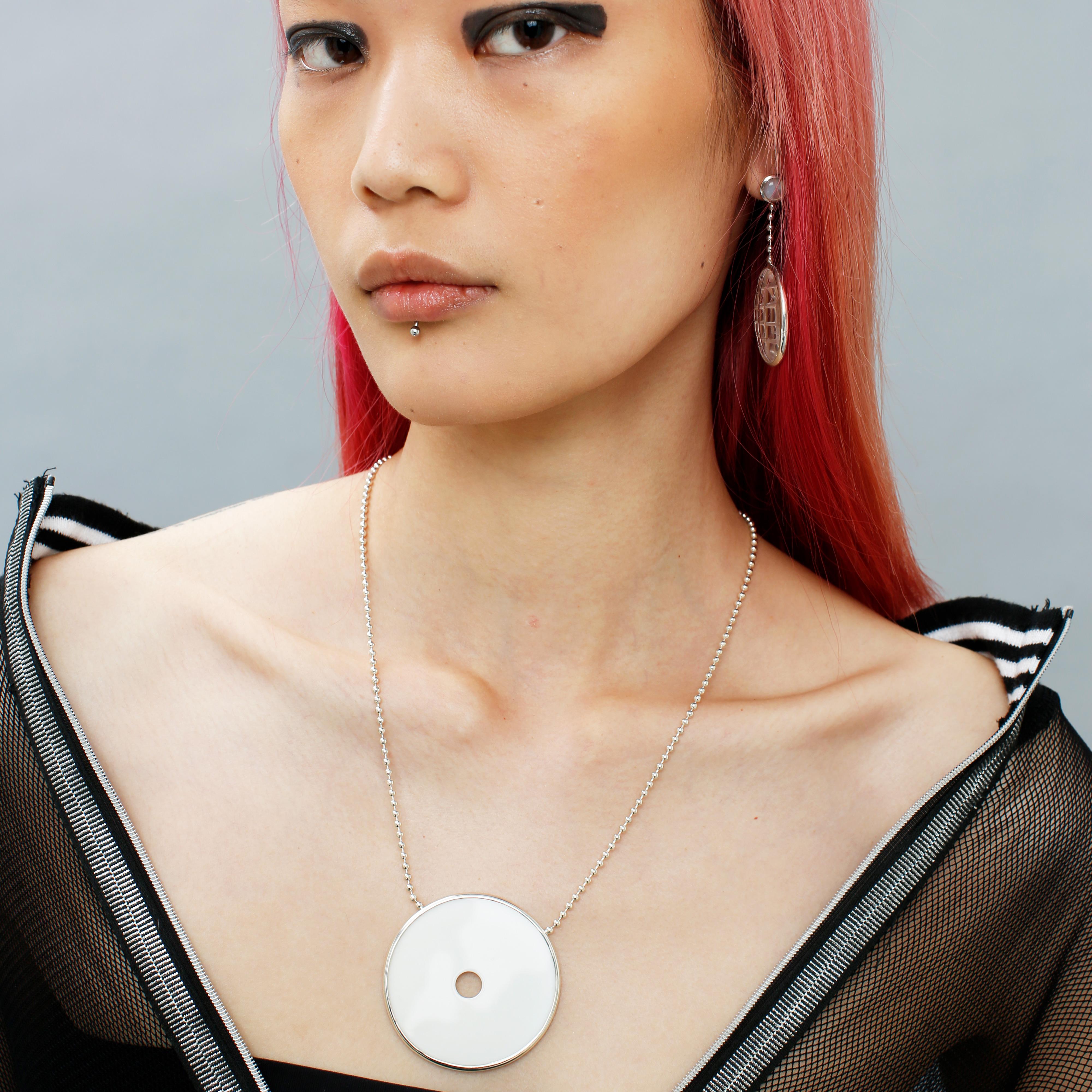 Taglio rotondo Agata Bianca Ciambella Ciondolo Catena d'Argento Cocktail Boho Collana Delicata in vendita