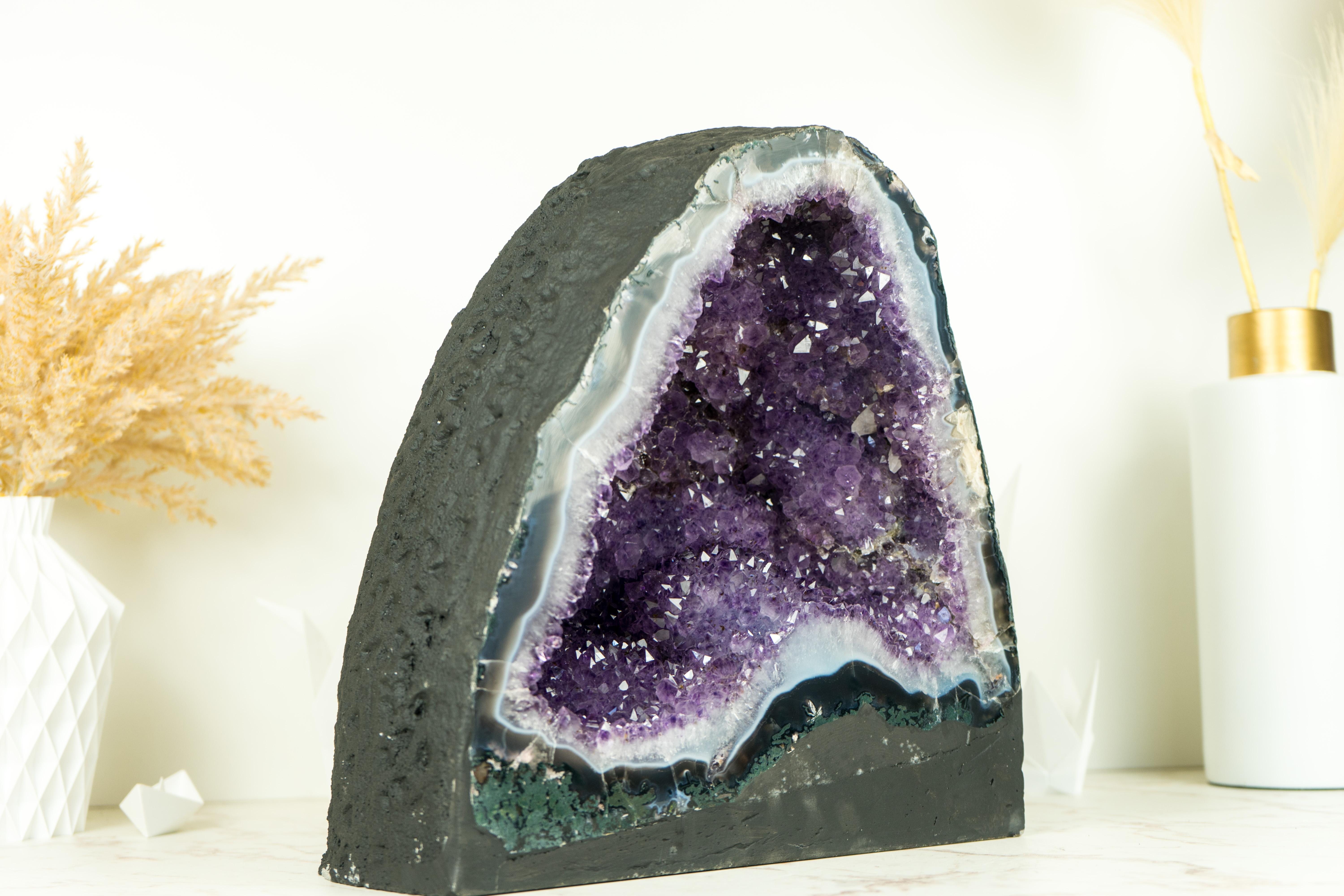 Agate with Amethyst Geode Cathedral with Flower Rosettes and Banded Agate 1