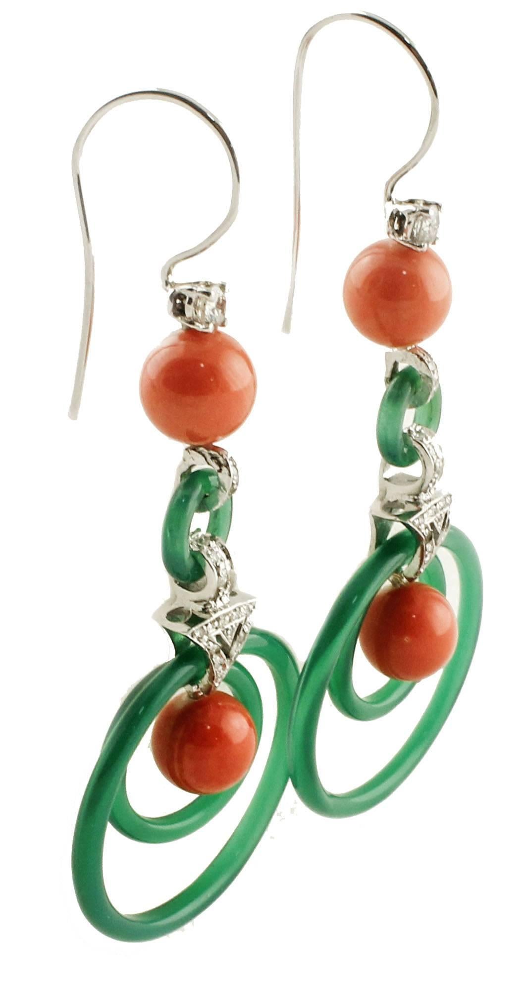 Contemporary Green Agate, Red Coral Sphetres, Diamonds, 14K White Gold Earrings For Sale