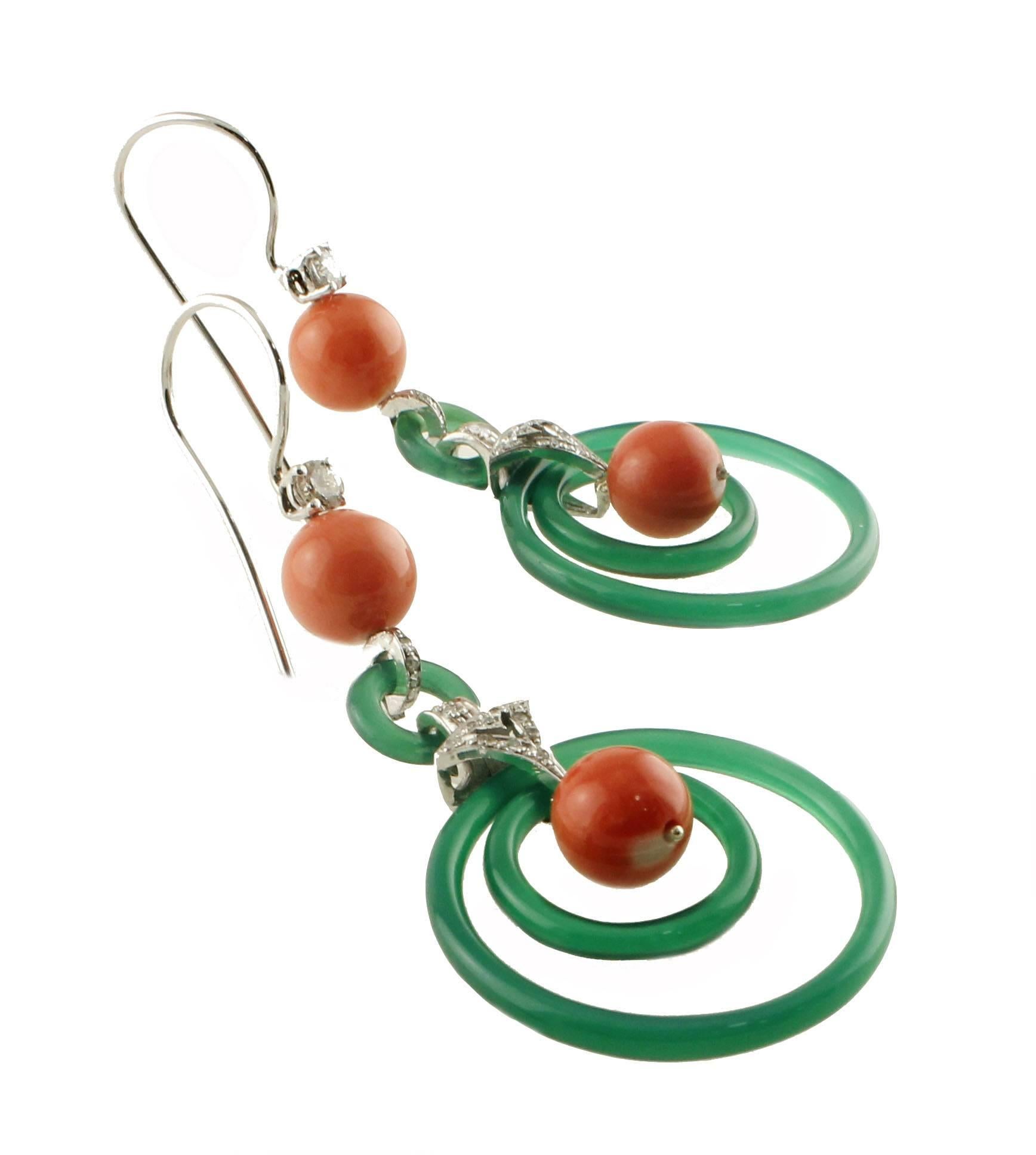 Green Agate, Red Coral Sphetres, Diamonds, 14K White Gold Earrings For Sale 1