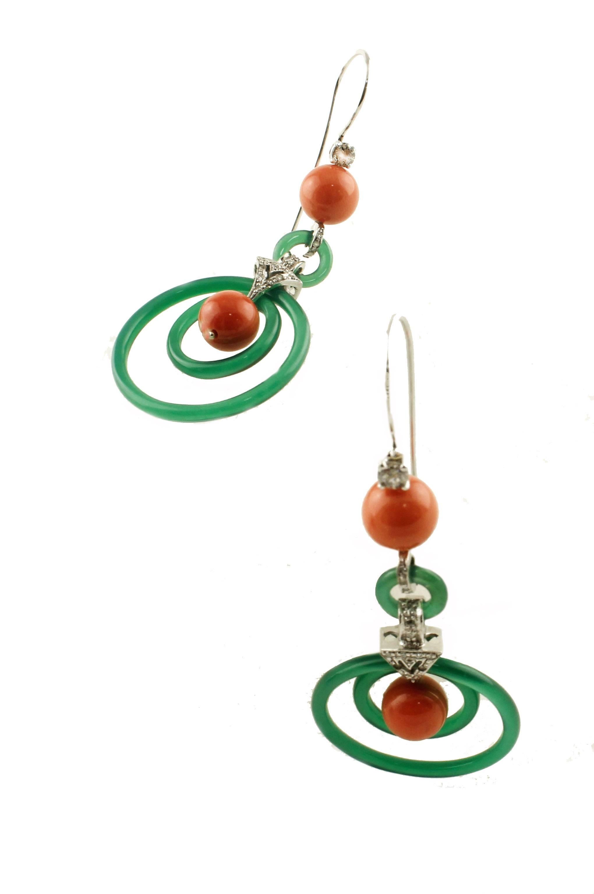 Green Agate, Red Coral Sphetres, Diamonds, 14K White Gold Earrings For Sale 2