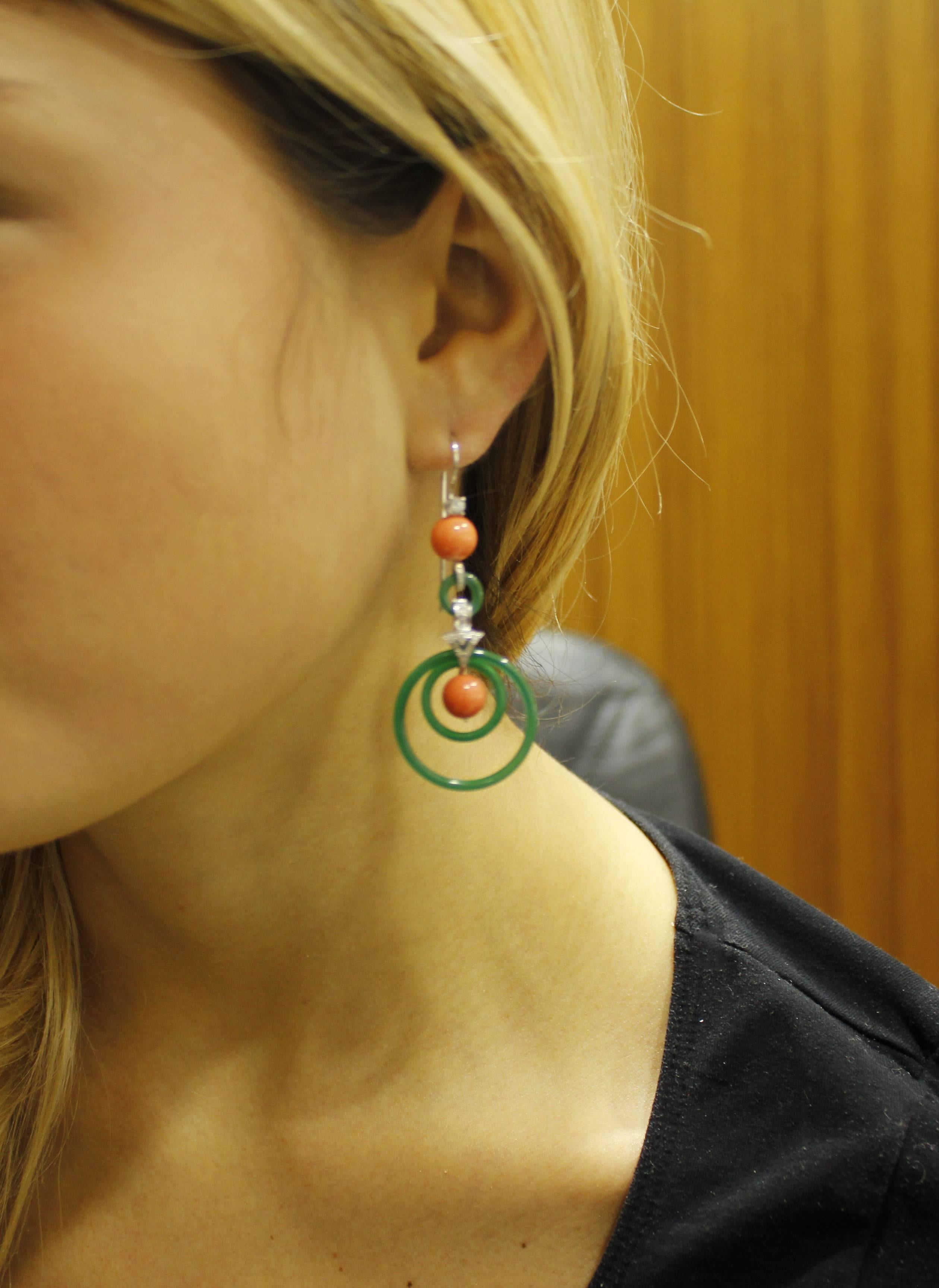 Green Agate, Red Coral Sphetres, Diamonds, 14K White Gold Earrings For Sale 3
