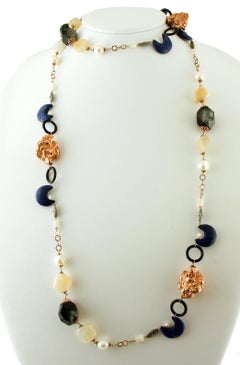 Agate, Lapis lazuli, Pearl, White Stones, Moonstone, 9k Gold&Silver Necklace