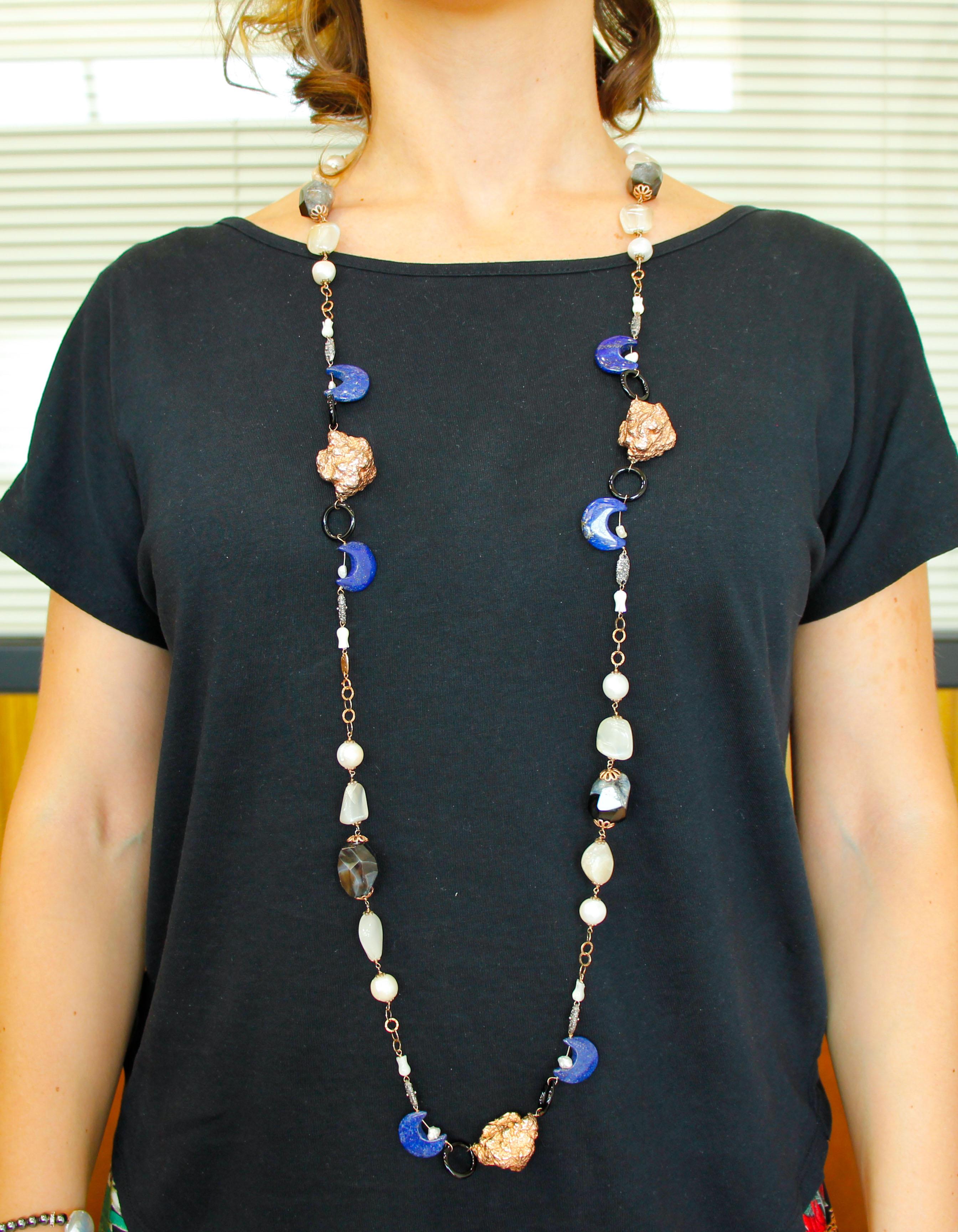 Mixed Cut Agate, Lapis lazuli, Pearl, White Stones, Moonstone, 9k Gold&Silver Necklace For Sale