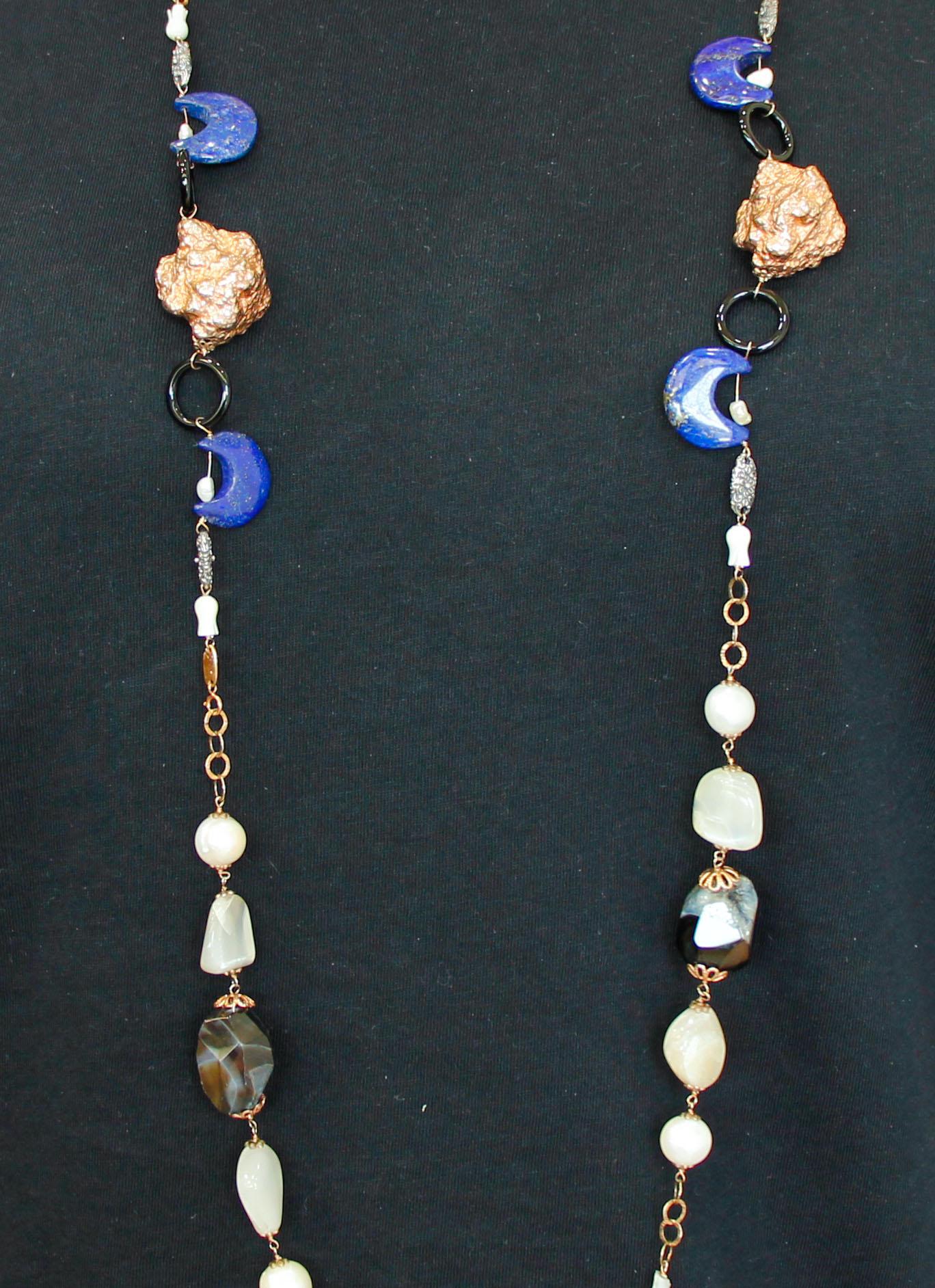 Women's Agate, Lapis lazuli, Pearl, White Stones, Moonstone, 9k Gold&Silver Necklace For Sale