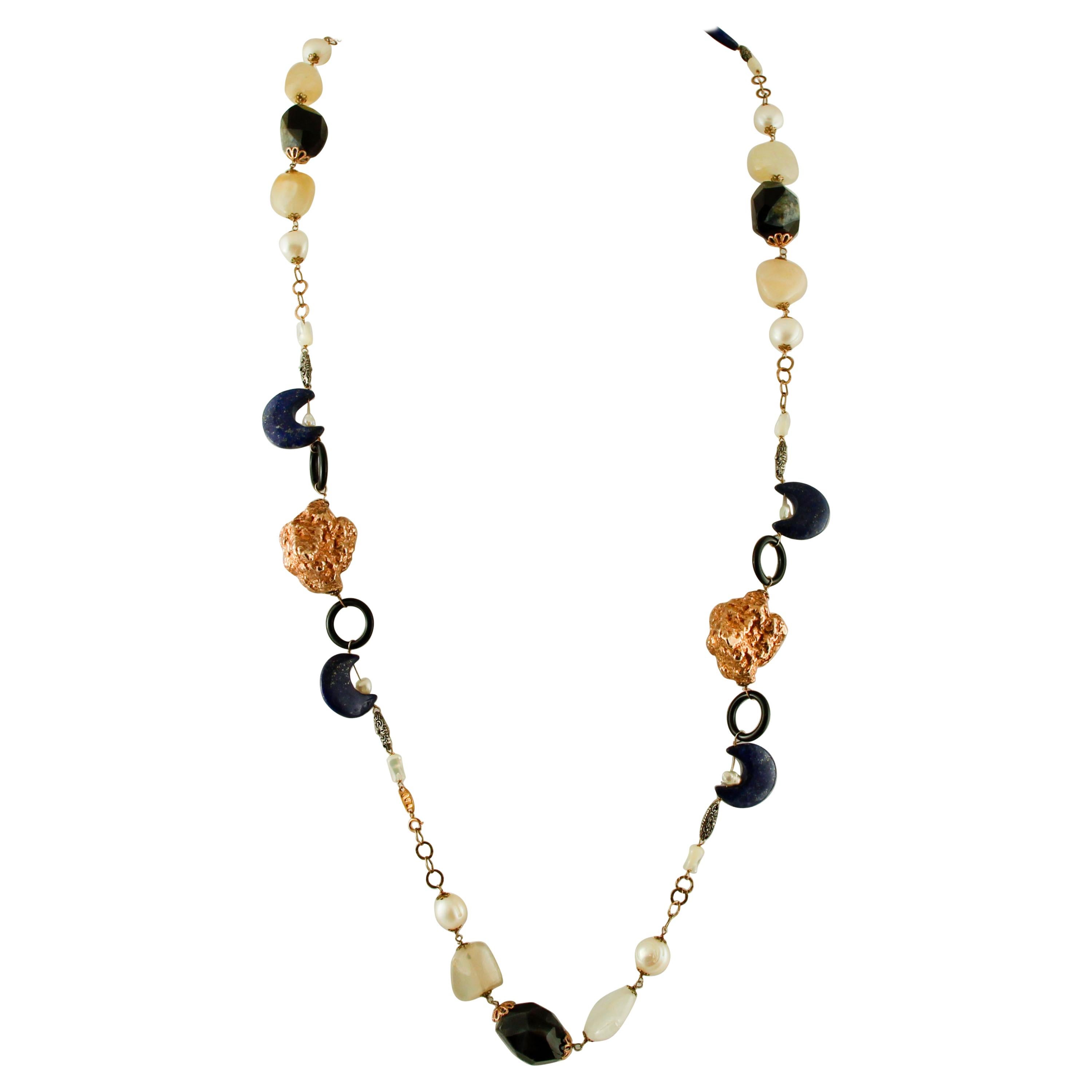Halskette aus 9 Karat Gold und Silber mit Achat, Lapislazuli, Perle, weißen Steinen, Mondsteinen