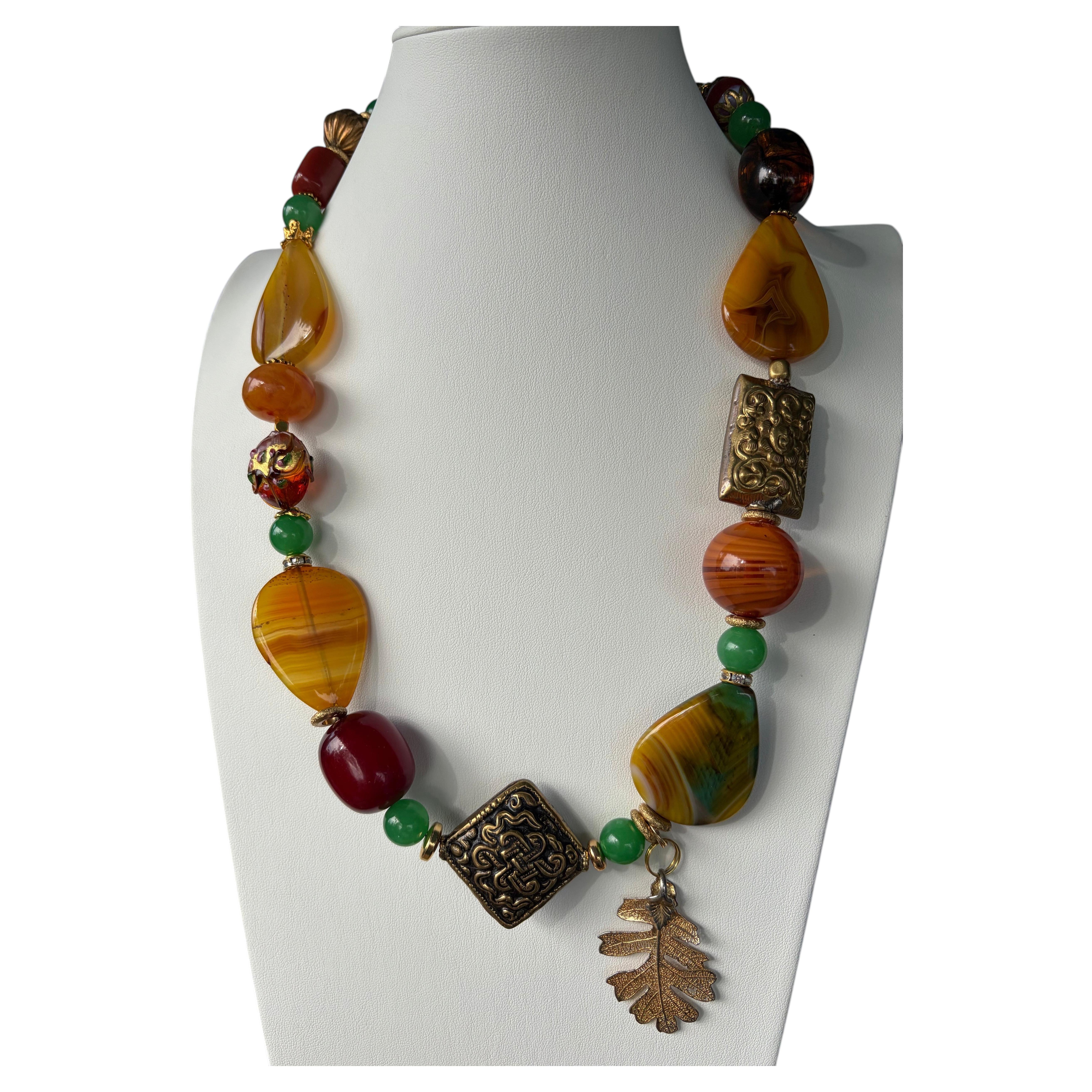 Agates Jadeite Tibetan Brass Bakelite Brass Amber OOAK Necklace For Sale