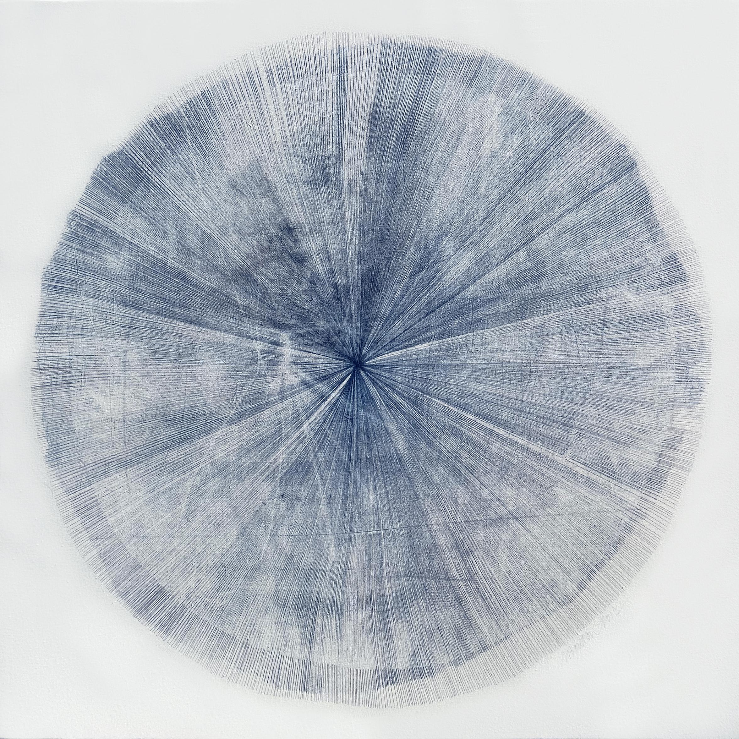 Agathe Bouton Abstract Painting - Burmese Days XXII: large indigo blue minimalist abstract circular form on white