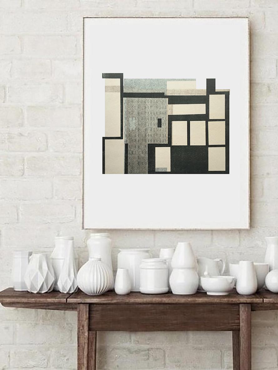 Architecture IX: modernist urban architectural monoprint & collage in gray, ecru - Print by Agathe Bouton