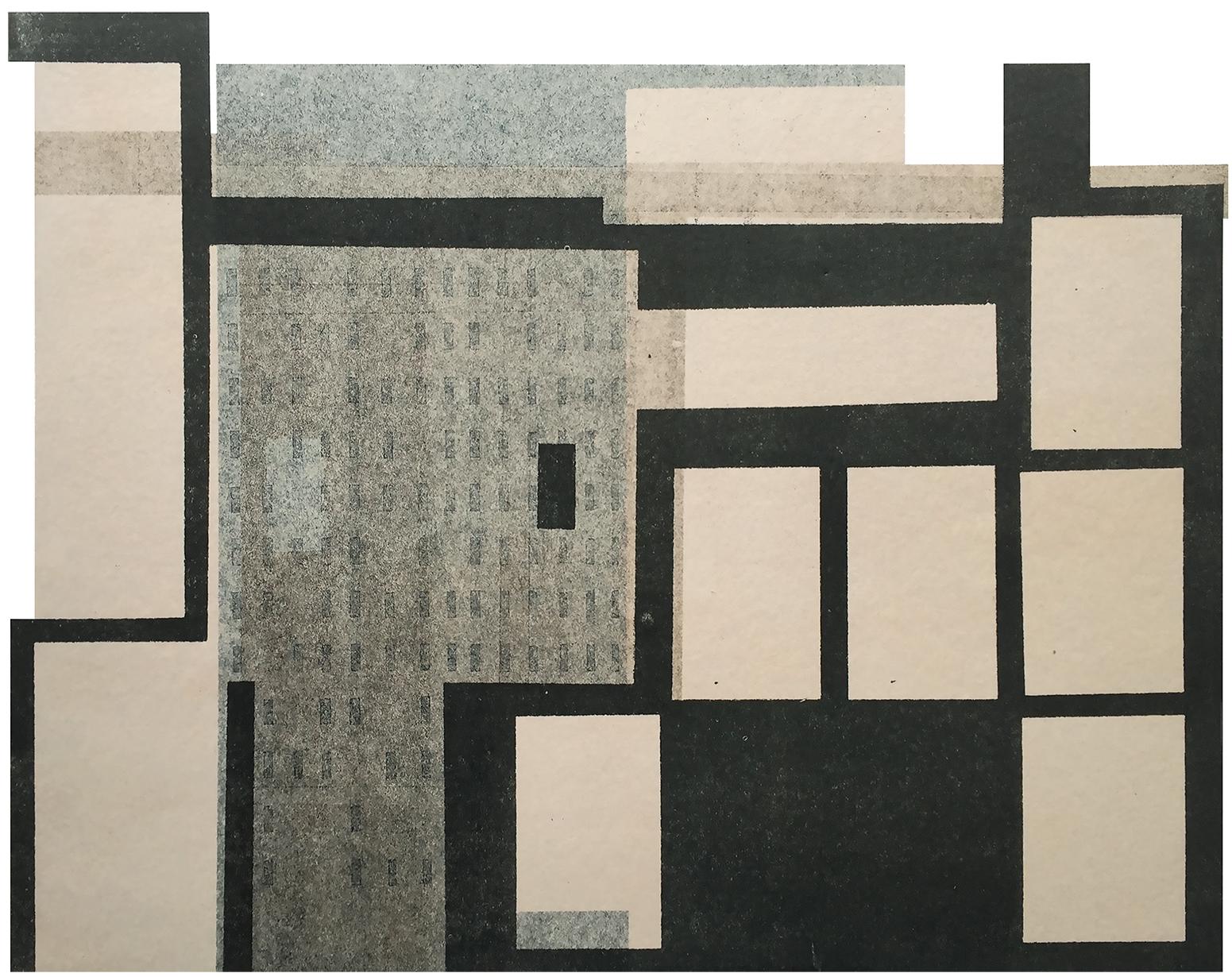 Architecture IX: modernist urban architectural monoprint & collage in gray, ecru - Modern Print by Agathe Bouton