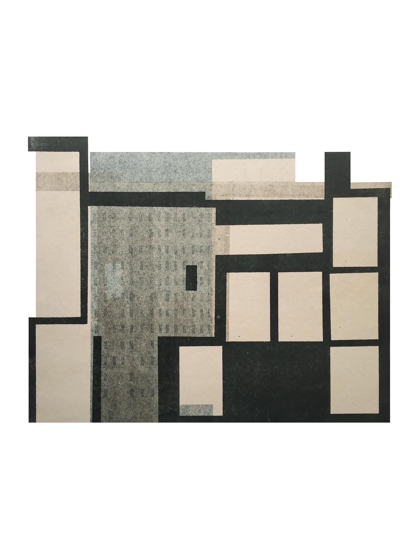 Agathe Bouton Abstract Print - Architecture IX: modernist urban architectural monoprint & collage in gray, ecru