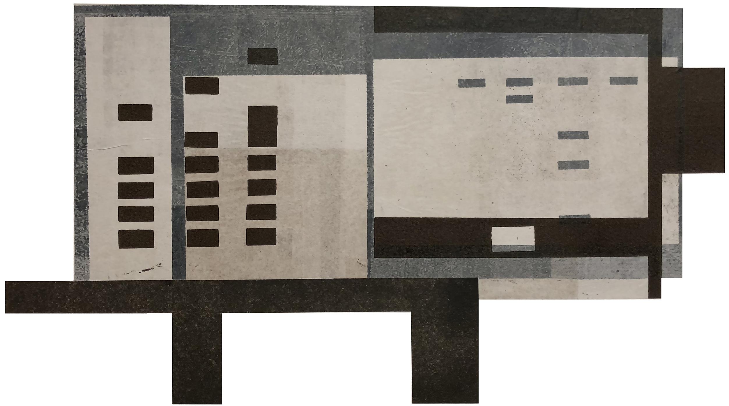 Cabin I: modernist, urban architectural monoprint & collage in gray, blue, black - Print by Agathe Bouton