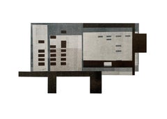 Cabin I : monogravure et collage d'architecture urbaine moderniste en gris, bleu et noir