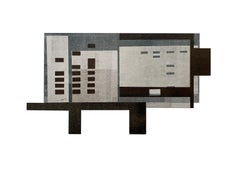 Cabina I: monocopia y collage de arquitectura urbana y modernista en gris, azul y negro