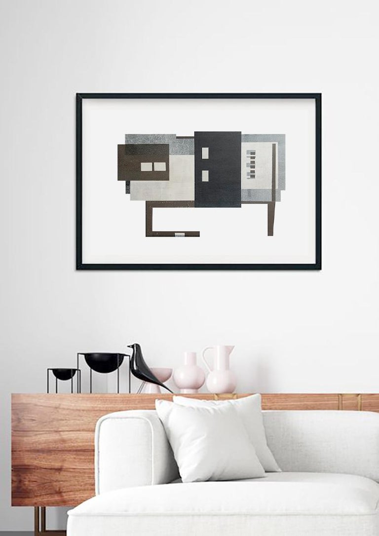 Future III: modernist urban architectural monoprint & collage in gray blue black - Print by Agathe Bouton