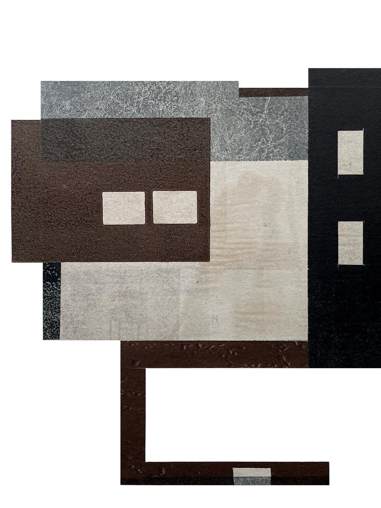Future III: modernist urban architectural monoprint & collage in gray blue black - Modern Print by Agathe Bouton