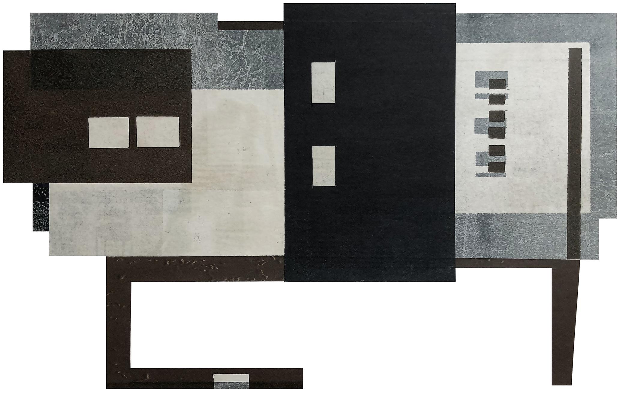 Futuro III: monocopia y collage de arquitectura urbana modernista en gris azul negro - Figurative Print Negro de Agathe Bouton