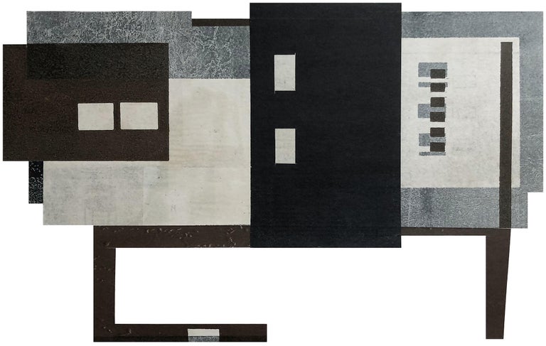 Future III: modernist urban architectural monoprint & collage in gray blue black - Black Figurative Print by Agathe Bouton