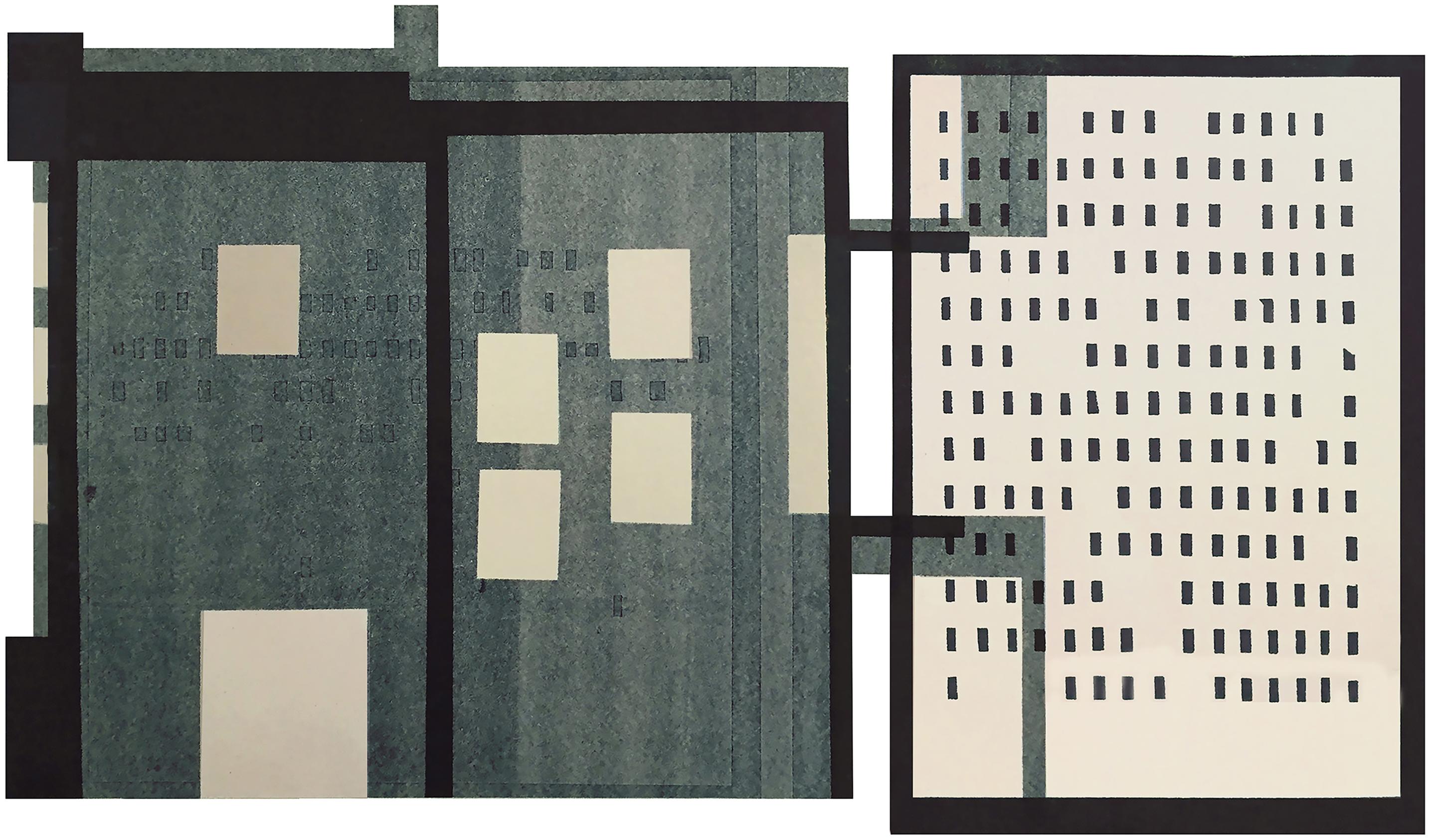 In-Between: modernist, urban architectural monoprint & collage in gray & blue - Contemporary Print by Agathe Bouton