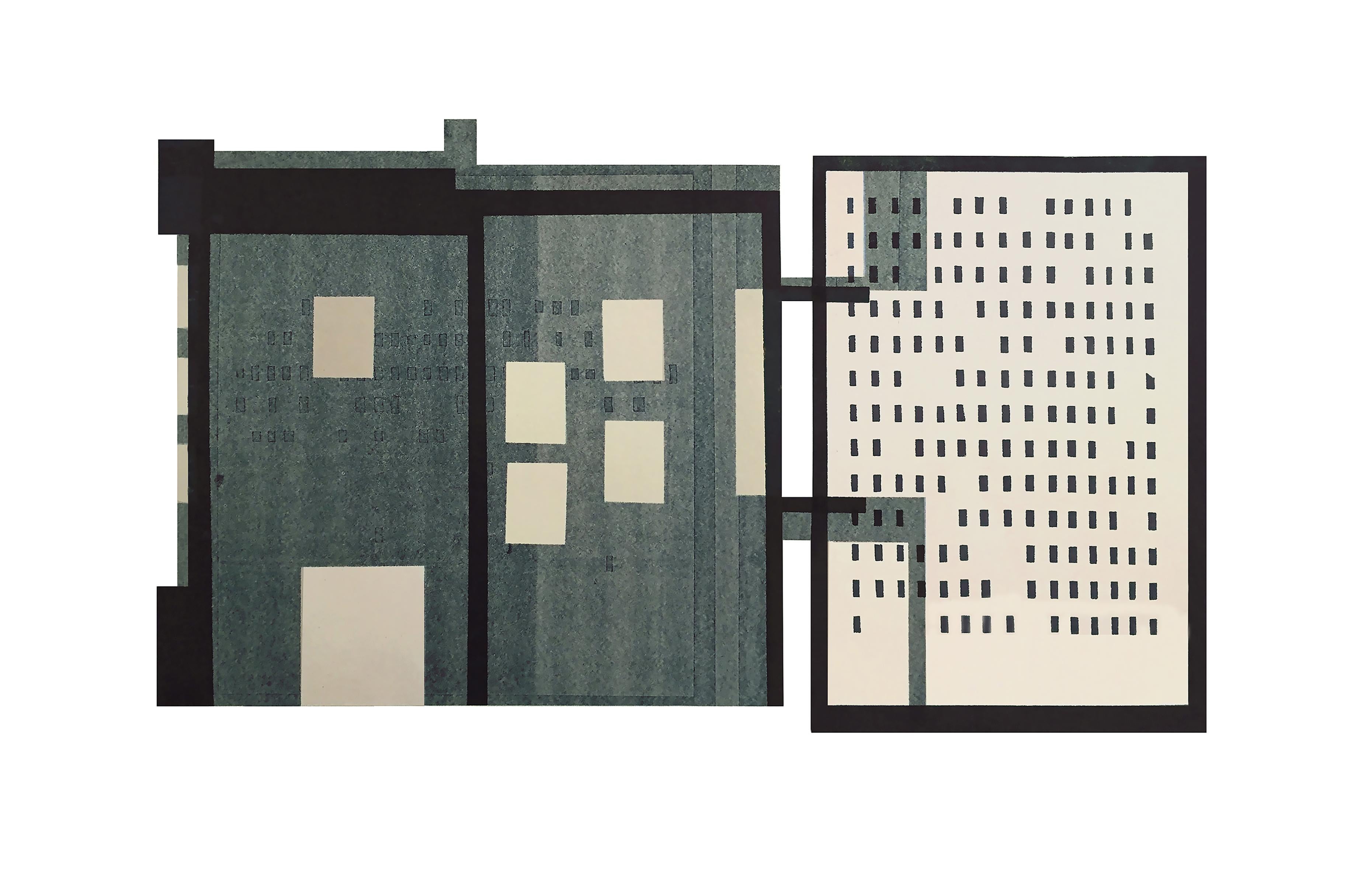 In-Between: modernist, urban architectural monoprint & collage in gray & blue