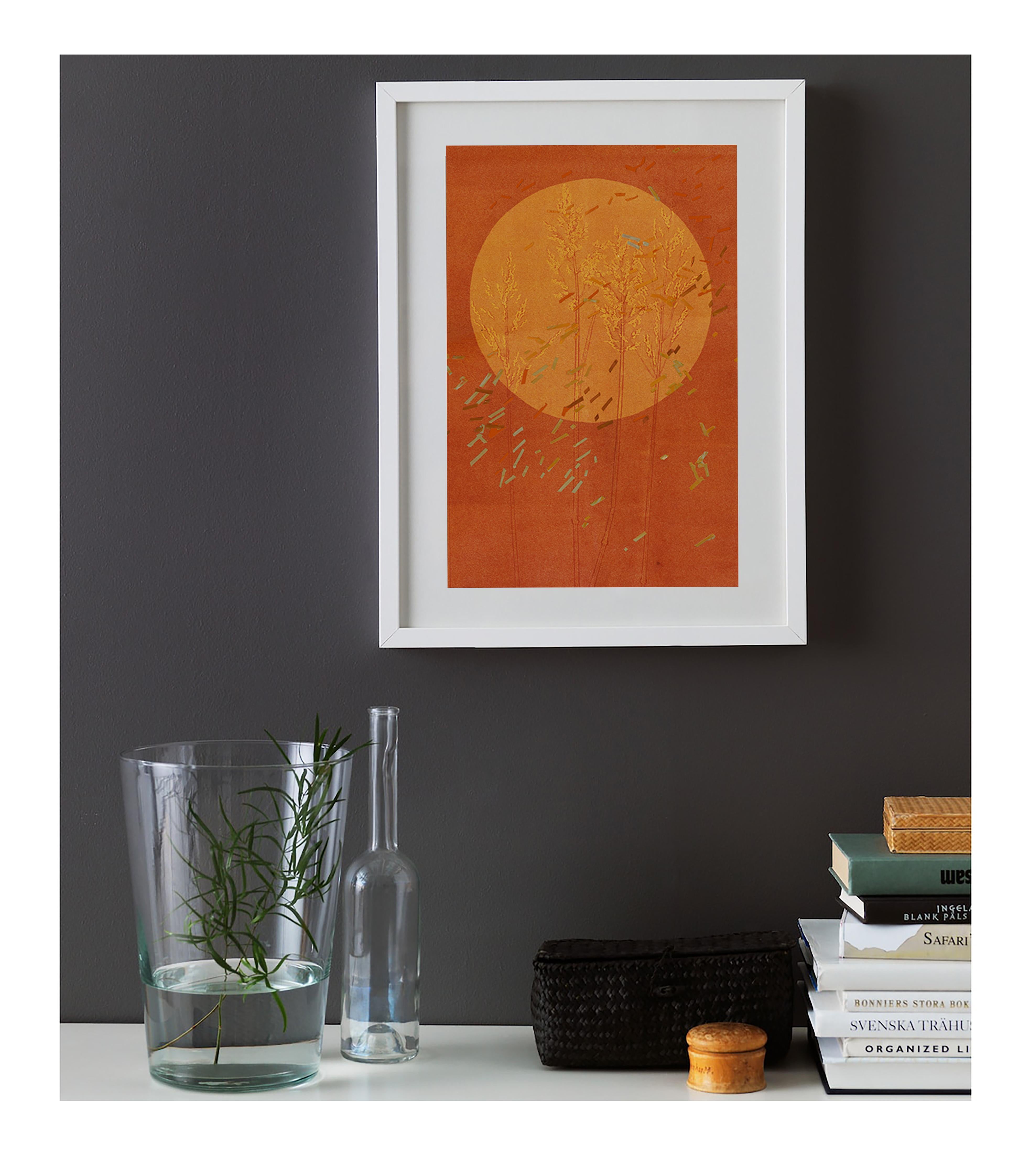 Equinoccio de otoño I: monotipo abstracto y pintura sobre papel en naranja y rojo - Print de Agathe Bouton & Deirdre Murphy