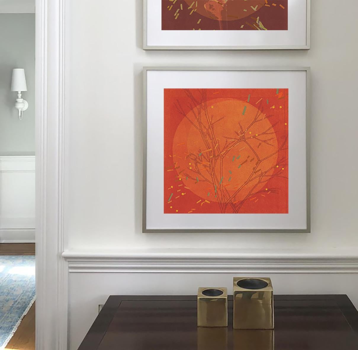 Autumn Equinox III: abstract monotype print & painting on paper in orange & red - Painting by Agathe Bouton & Deirdre Murphy