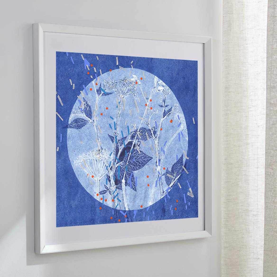 Winter Solstice I: abstract monotype print & painting on paper in shades of blue - Print by Agathe Bouton & Deirdre Murphy