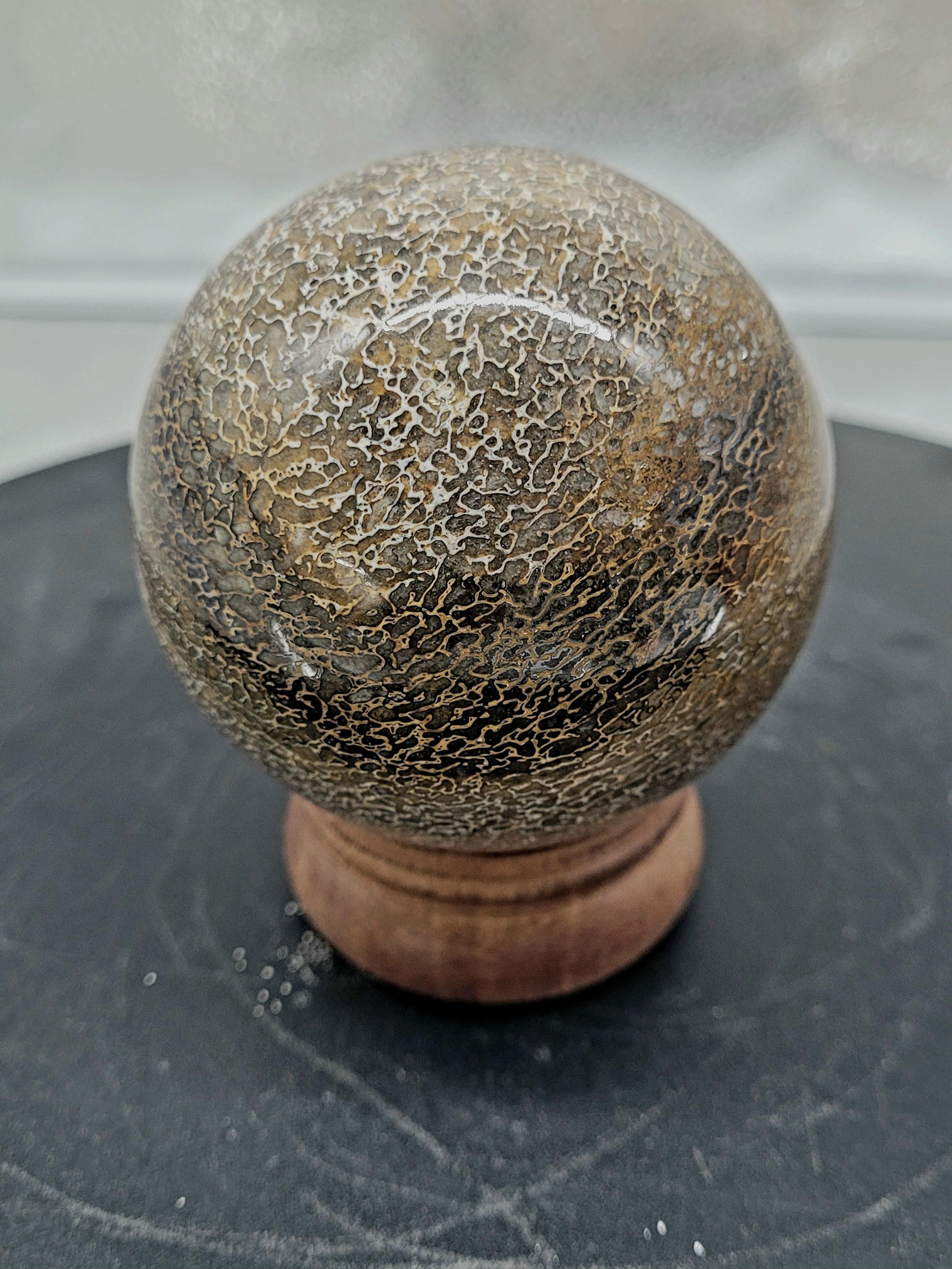 Stone Agathized Dinosaur Bone Sphere. Polished For Sale