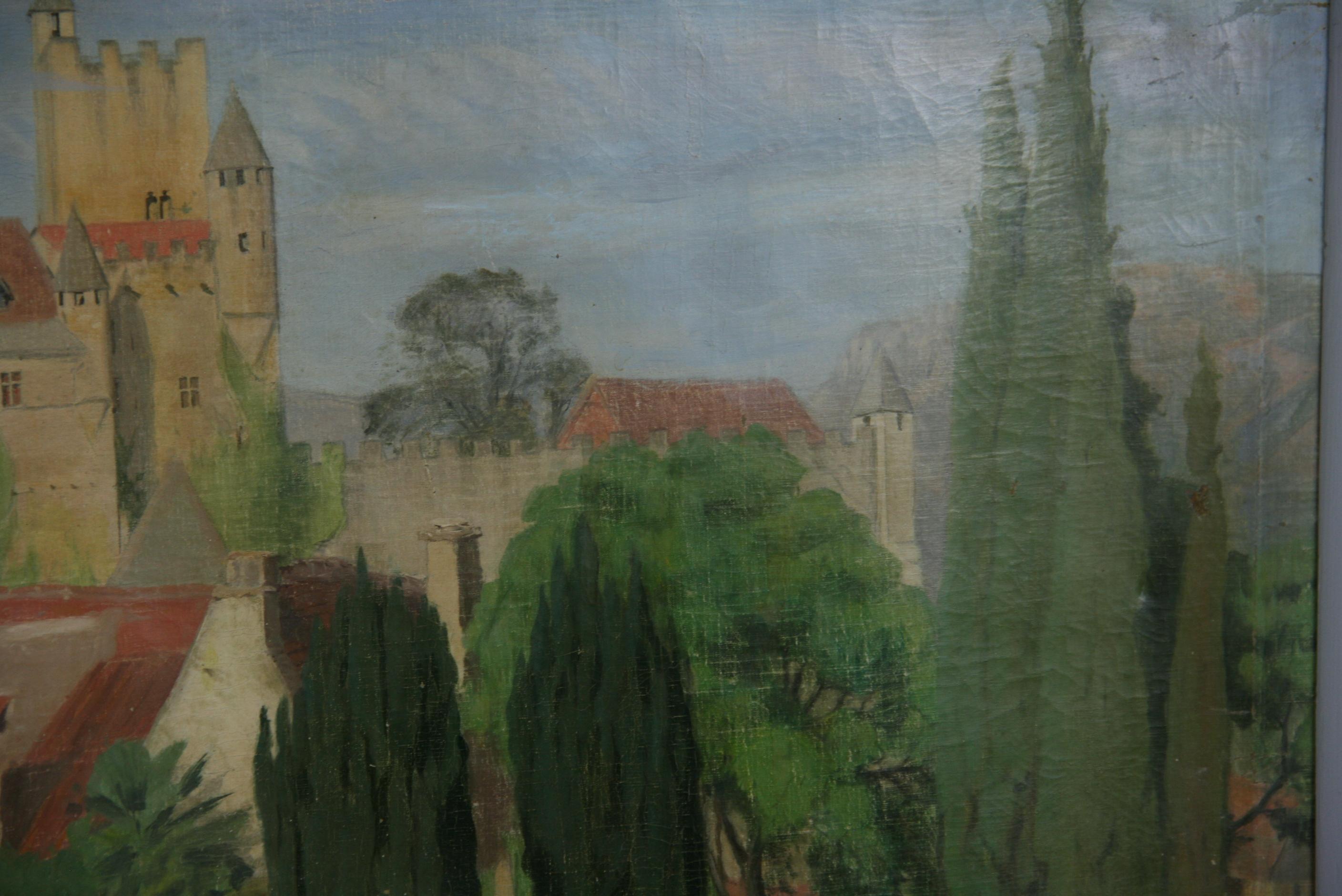 Figurativo Impresionista Antiguo  Paisaje Castillo Francés  1928 en venta 2