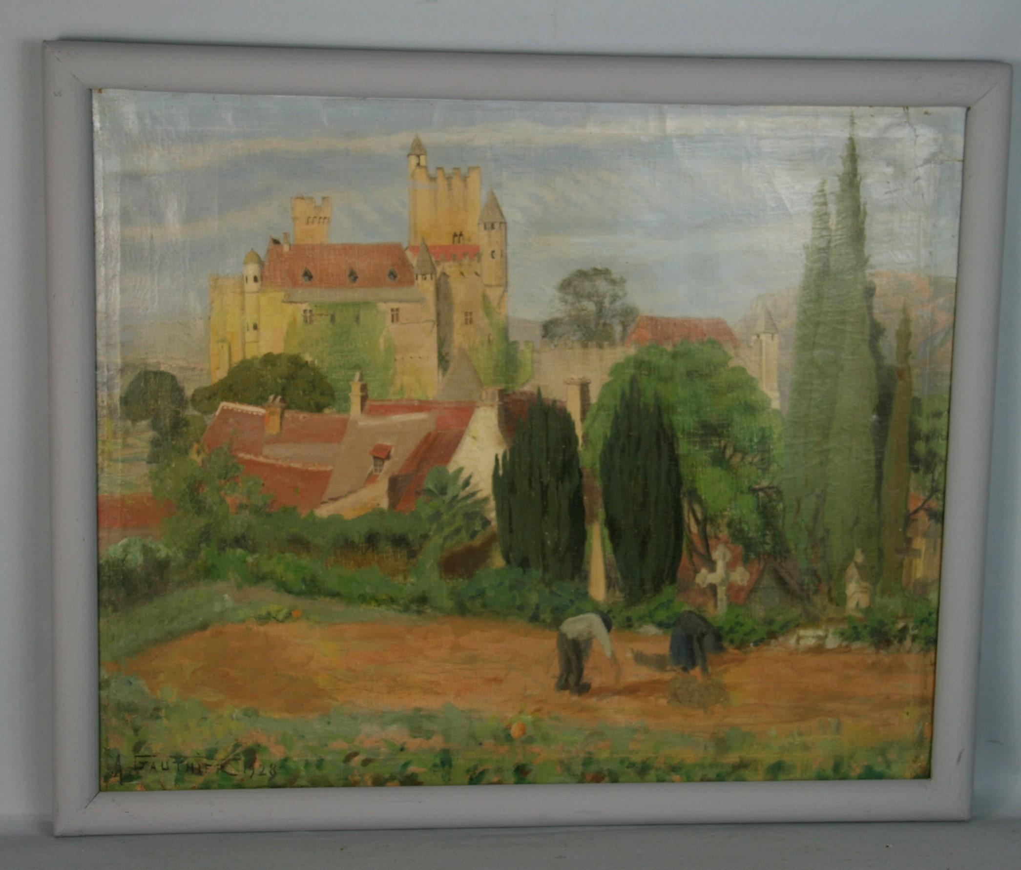 Figuratif impressionniste ancien  Paysage Château français  1928 - Gris Landscape Painting par A.Gauthier