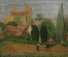 Antiker impressionistischer figurativer  Landschaft Französisches Schloss  1928