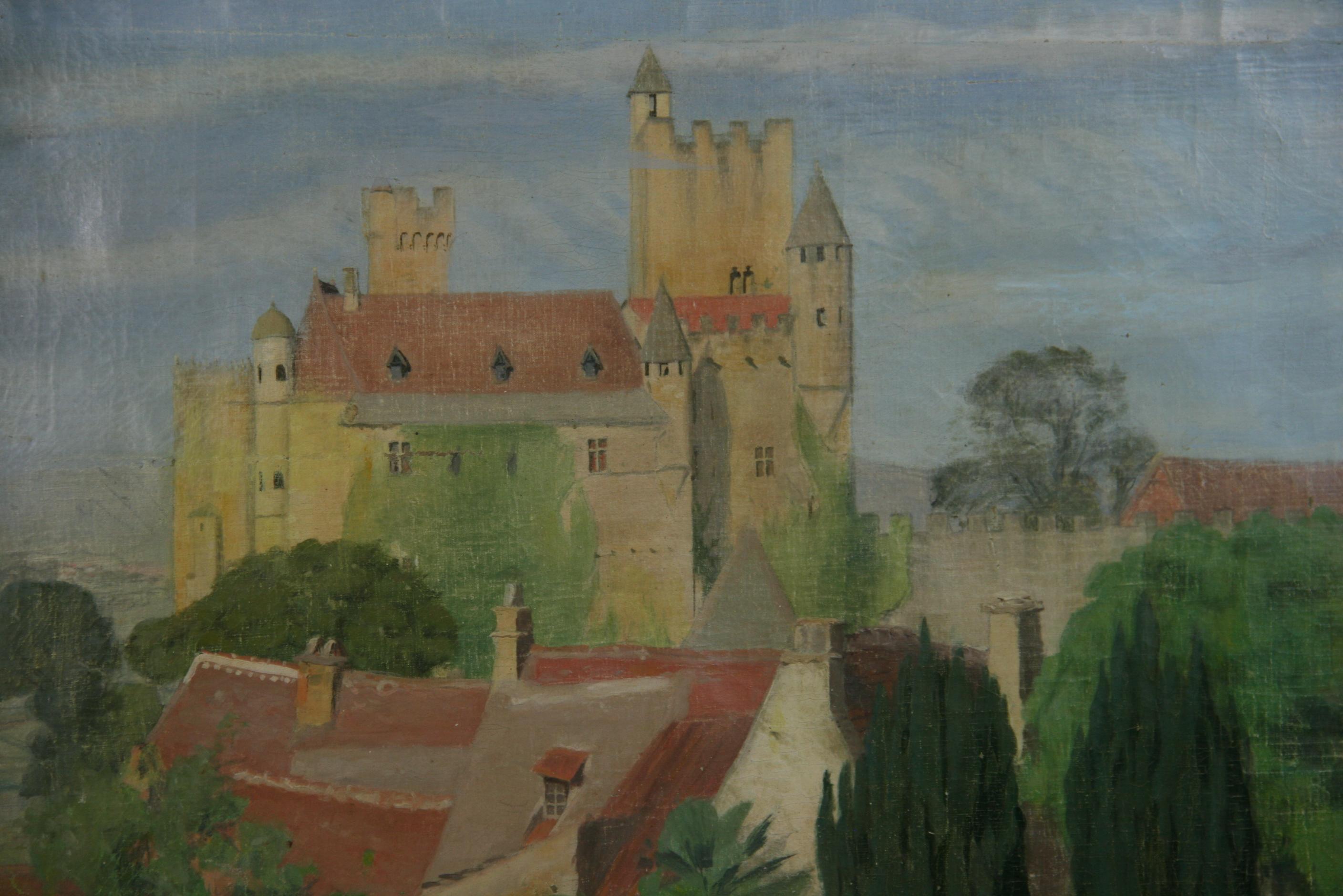3792 Oil on canvas set in a hand painted frame of a French castle with workers in the field