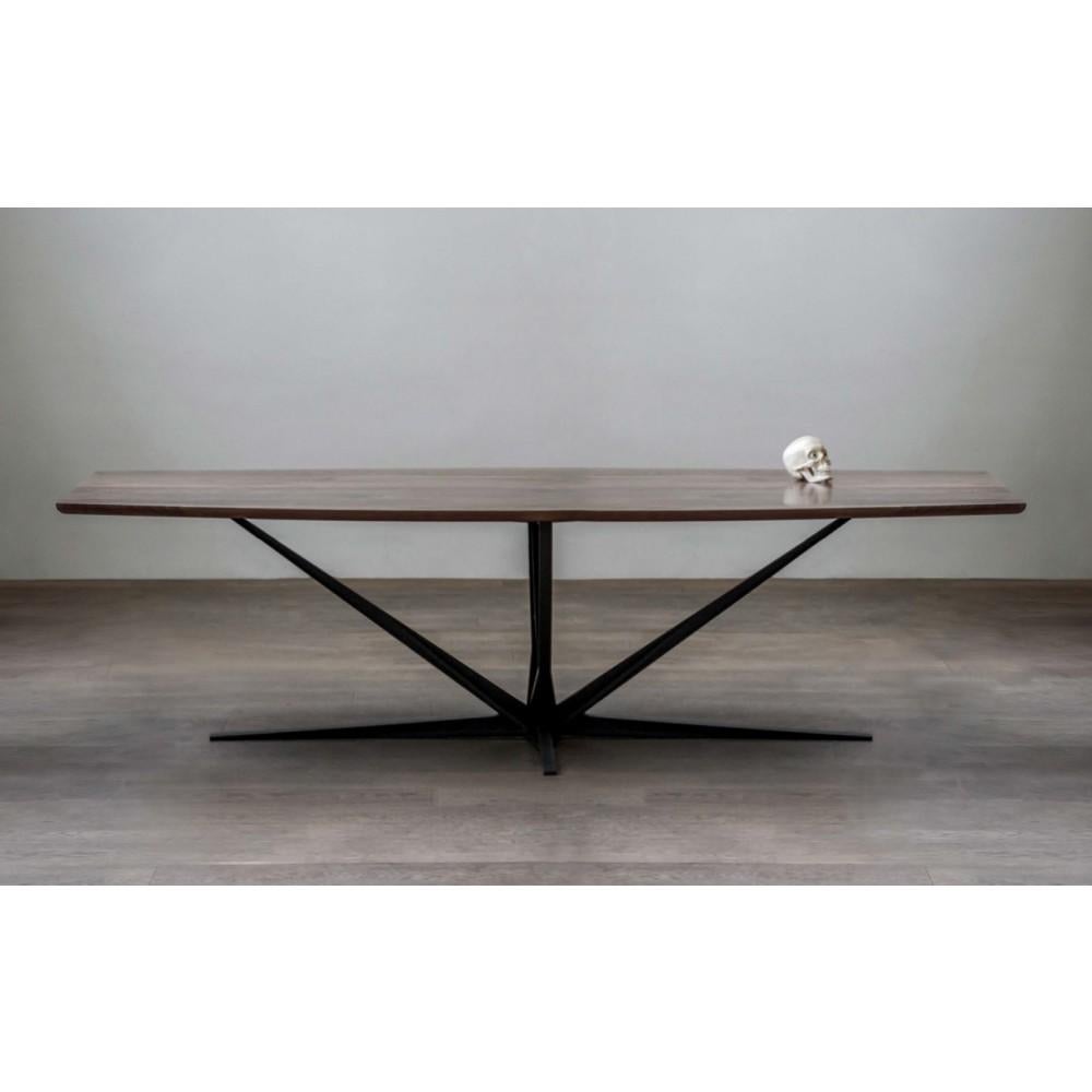 The Agave walnut dining table with Painted Steel Base.

Wood Options:
Walnut
White Oiled Oak
Mexican Oak
Beech
Mahogany
Teak (Outdoor)

Natural / Charcoal Oiled
Small
L 240.0cm/94.5”
W 120.0cm/47.2”
H 73.6cm/28.9”
Large
L 280.0cm/110.2”
W