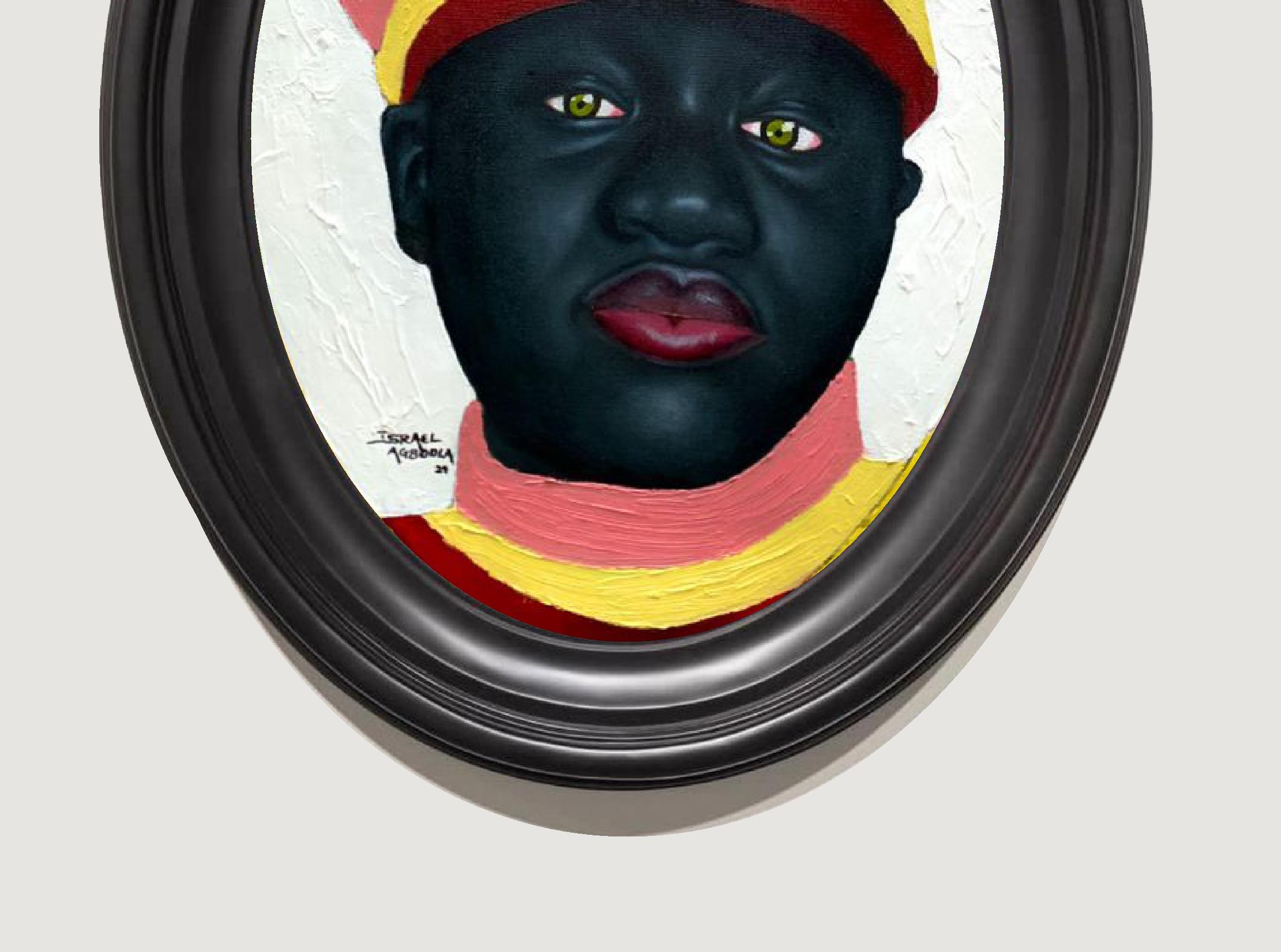 Jedidiah - 21sr Century, Contemporary, Figurative, Mixed Media, Women, Oval Art - Beige Portrait Painting by Agboola Oladapo
